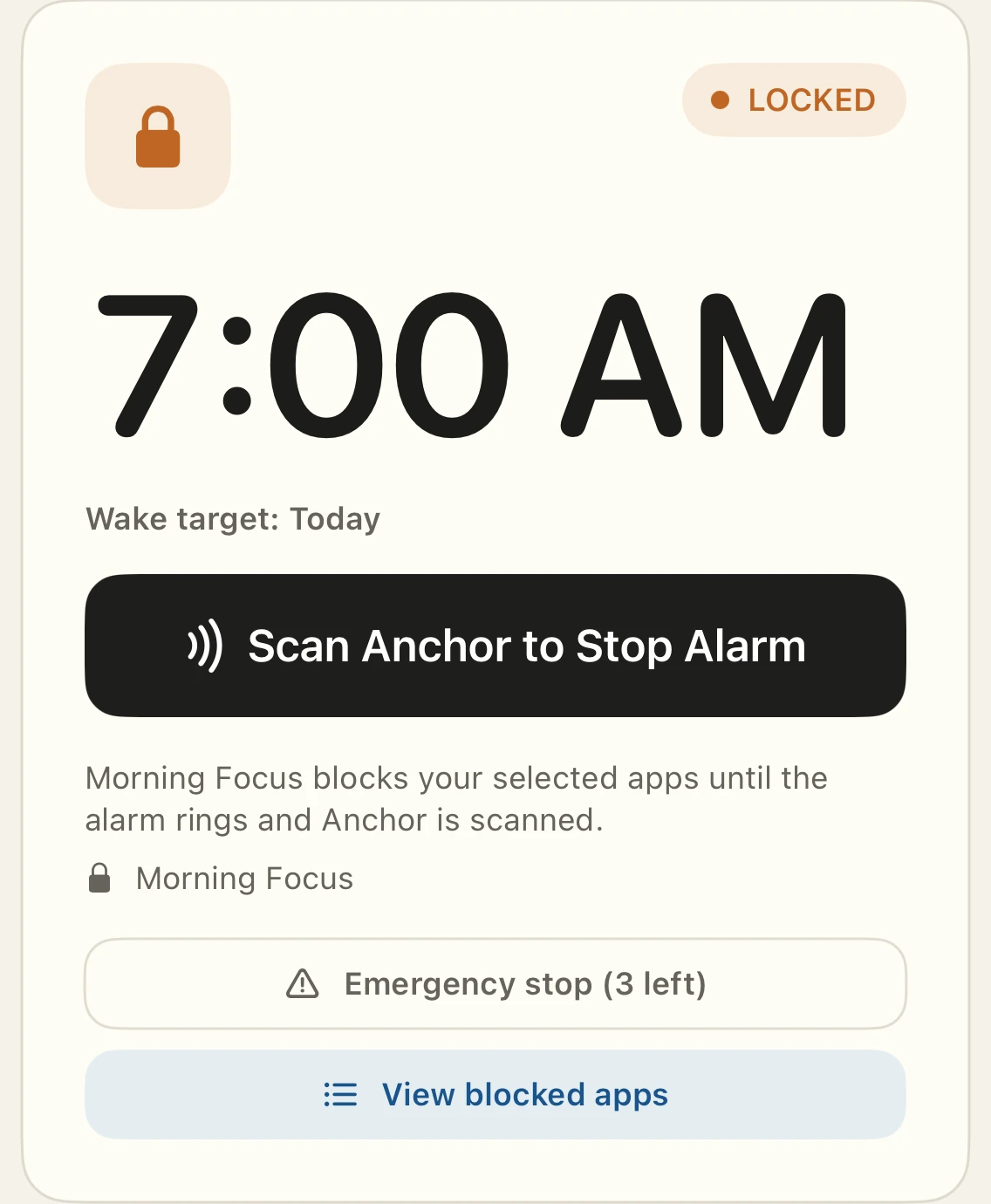 The real Anchor app showing a locked 7 AM Feet First alarm and the Scan Anchor to Stop Alarm button
