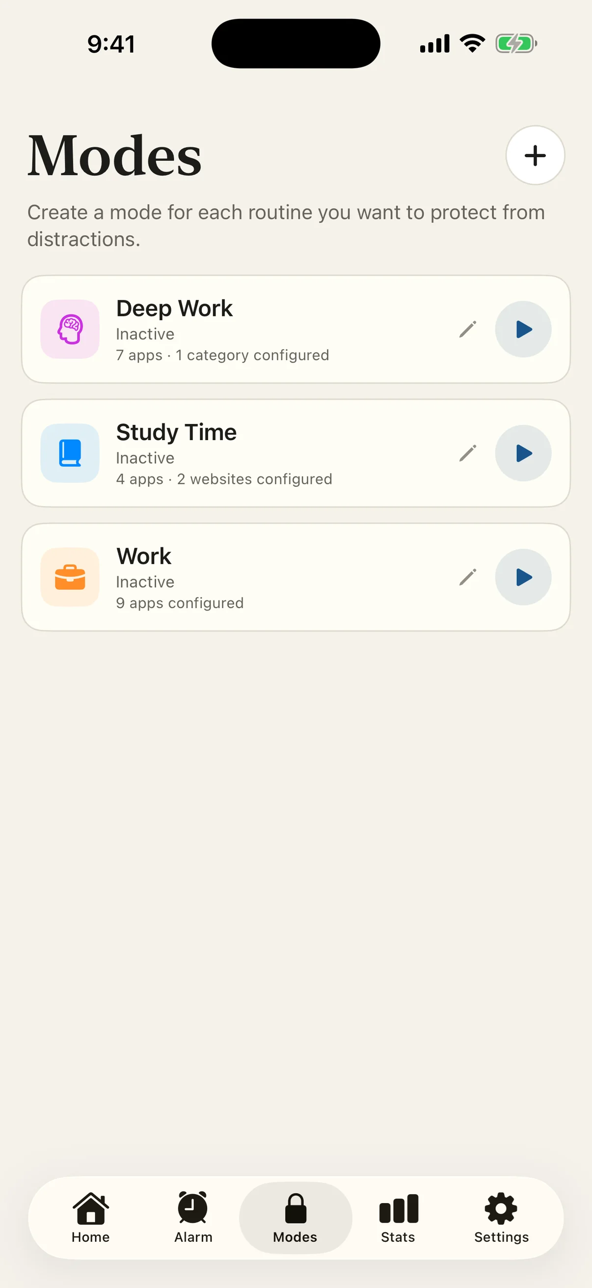 The real Anchor Modes screen showing reusable Deep Work, Study Time, and Work modes with configured apps, categories, and websites.