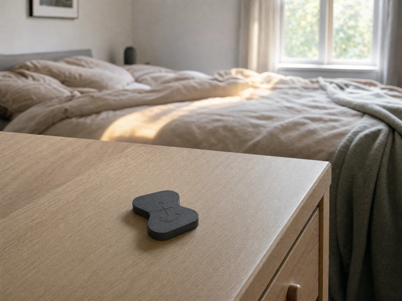 Anchor placed away from bed for the Feet First get-up-and-scan alarm